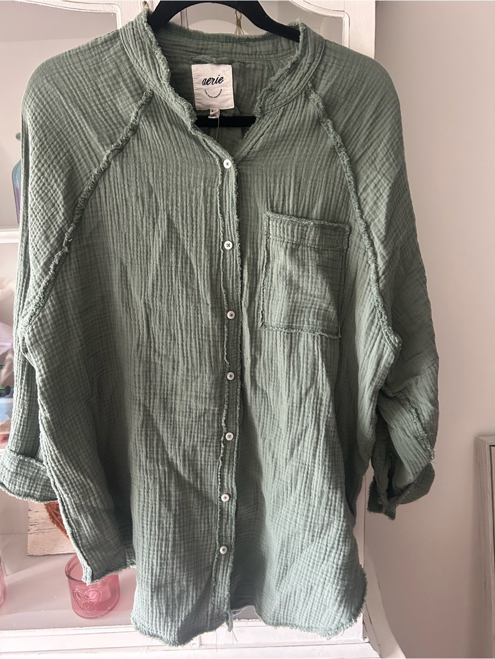 aerie Light Sage Green Button-Down Gauze Shirt